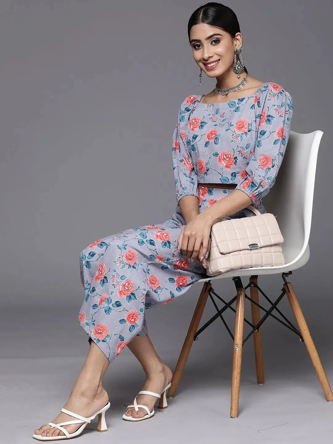 Blue Printed Cotton Top With Palazzos