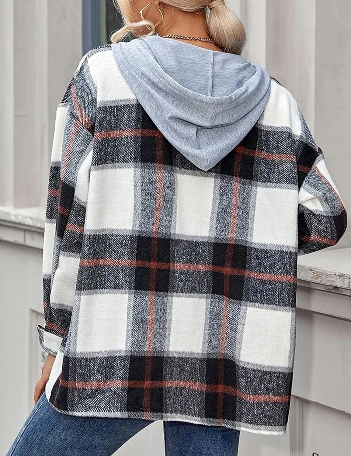 Bozanly Women's Oversized Flannel Plaid Shacket Jacket with Hood Long Sleeve Button Down Shirts Hoodie