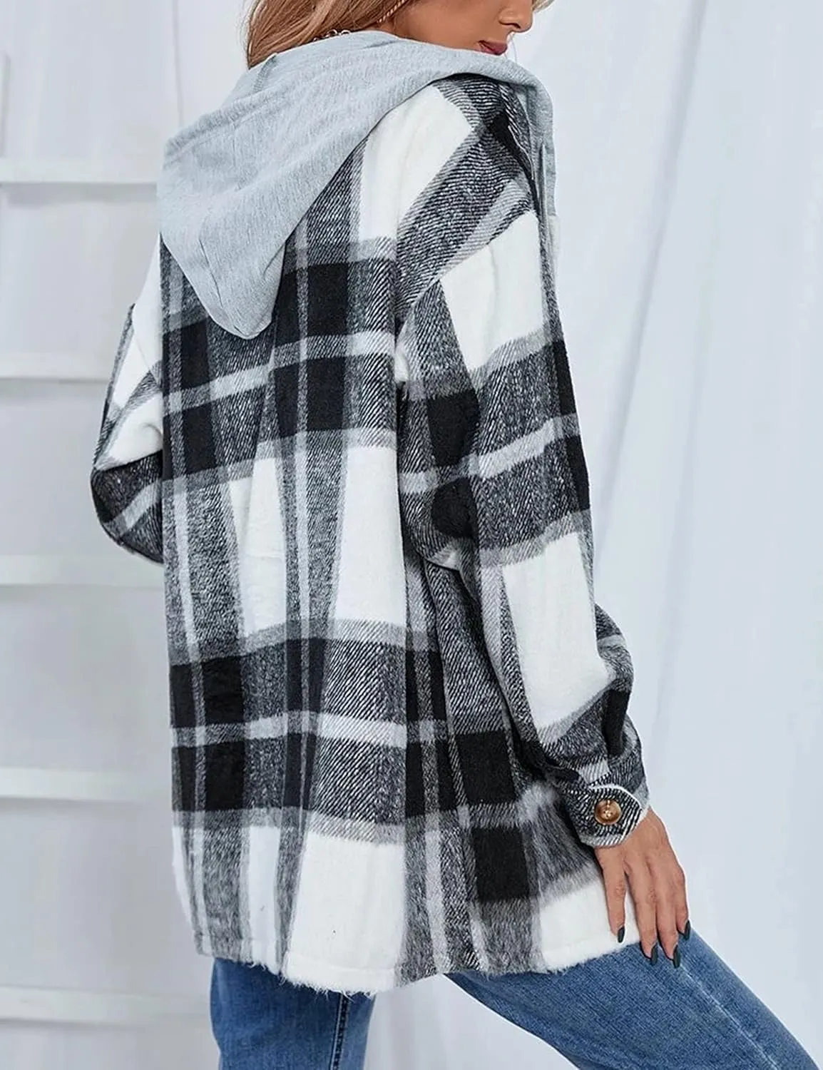 Bozanly Women's Oversized Flannel Plaid Shacket Jacket with Hood Long Sleeve Button Down Shirts Hoodie