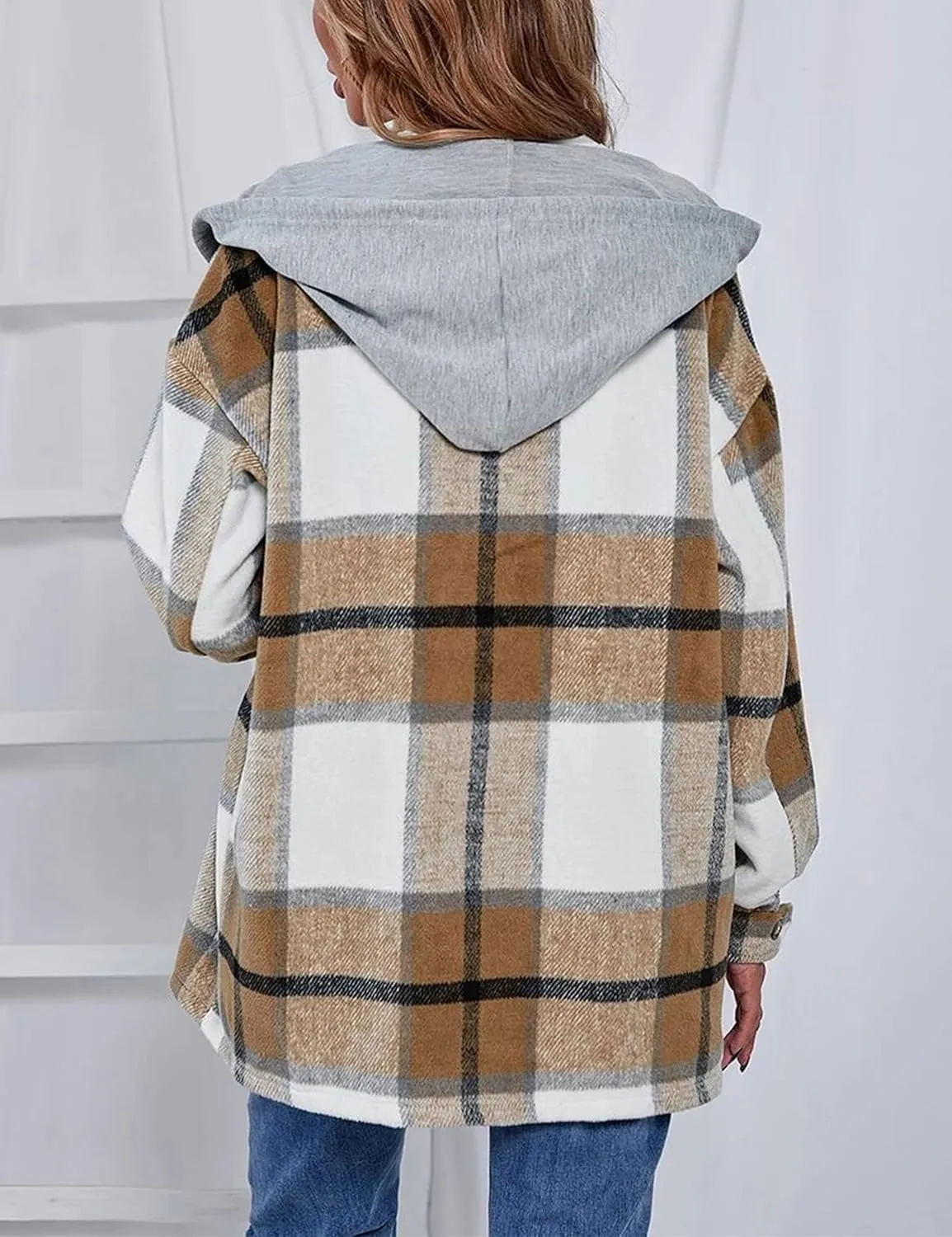 Bozanly Women's Oversized Flannel Plaid Shacket Jacket with Hood Long Sleeve Button Down Shirts Hoodie