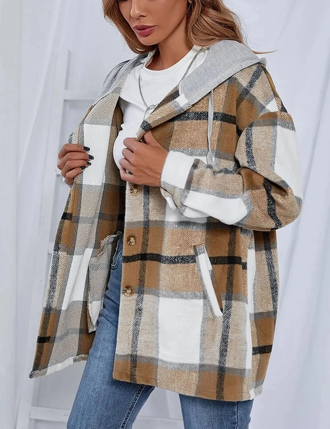 Bozanly Women's Oversized Flannel Plaid Shacket Jacket with Hood Long Sleeve Button Down Shirts Hoodie