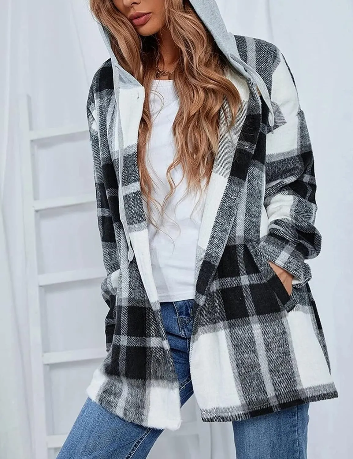 Bozanly Women's Oversized Flannel Plaid Shacket Jacket with Hood Long Sleeve Button Down Shirts Hoodie