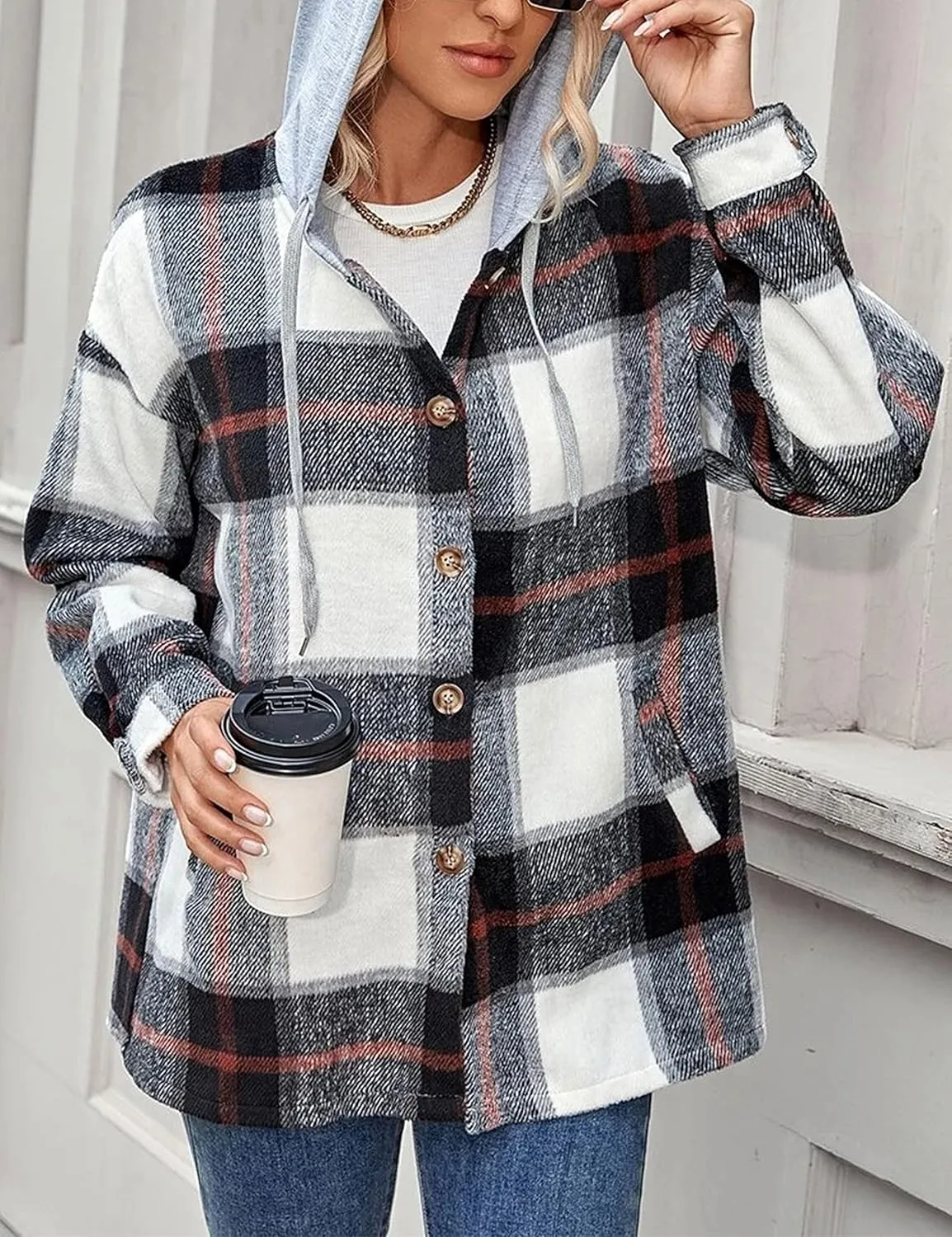 Bozanly Women's Oversized Flannel Plaid Shacket Jacket with Hood Long Sleeve Button Down Shirts Hoodie