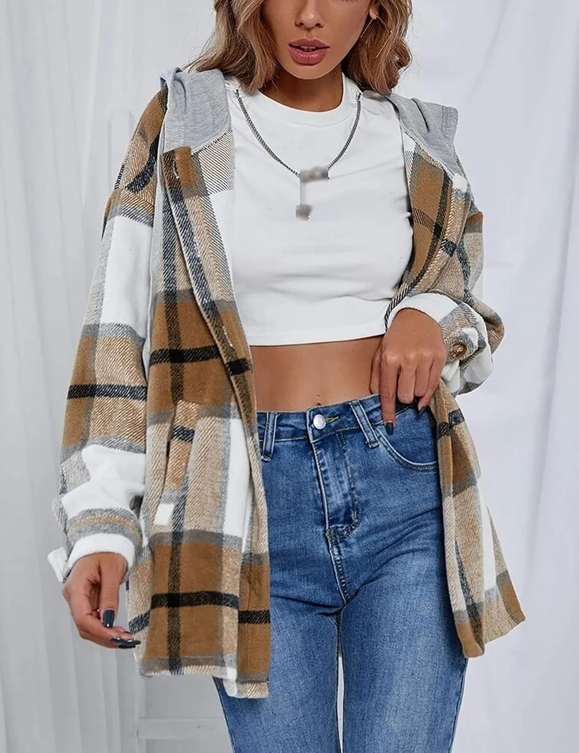 Bozanly Women's Oversized Flannel Plaid Shacket Jacket with Hood Long Sleeve Button Down Shirts Hoodie