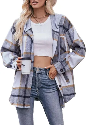 Bozanly Women's Oversized Flannel Plaid Shacket Jacket with Hood Long Sleeve Button Down Shirts Hoodie