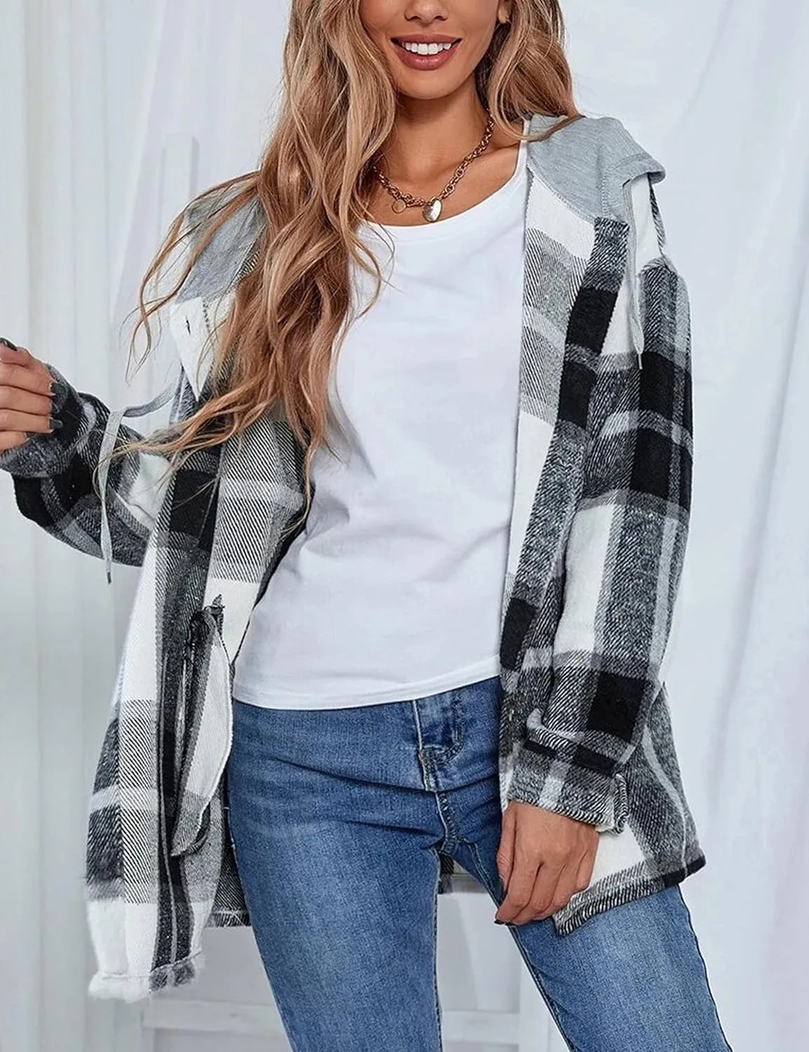 Bozanly Women's Oversized Flannel Plaid Shacket Jacket with Hood Long Sleeve Button Down Shirts Hoodie