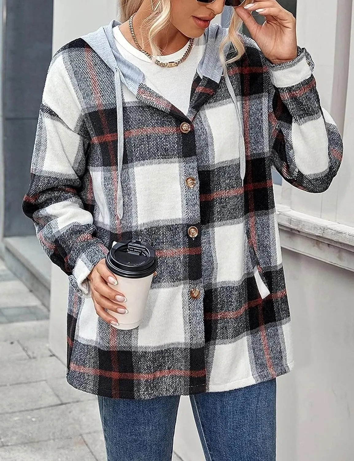 Bozanly Women's Oversized Flannel Plaid Shacket Jacket with Hood Long Sleeve Button Down Shirts Hoodie