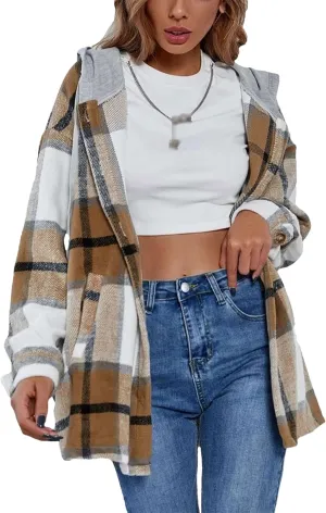 Bozanly Women's Oversized Flannel Plaid Shacket Jacket with Hood Long Sleeve Button Down Shirts Hoodie