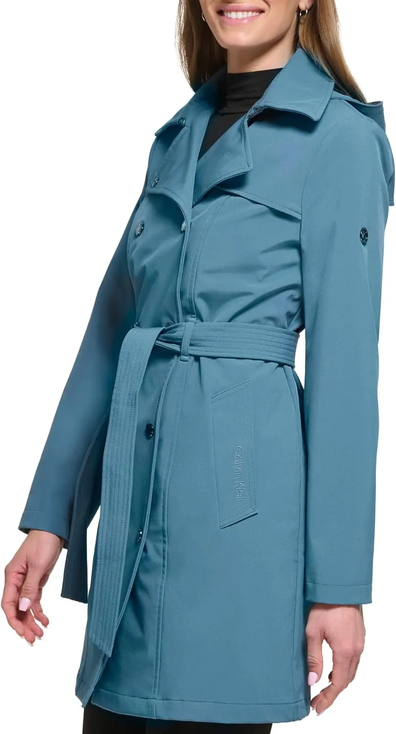 Calvin Klein Women's Double Breasted Belted Rain Jacket with Removable Hood
