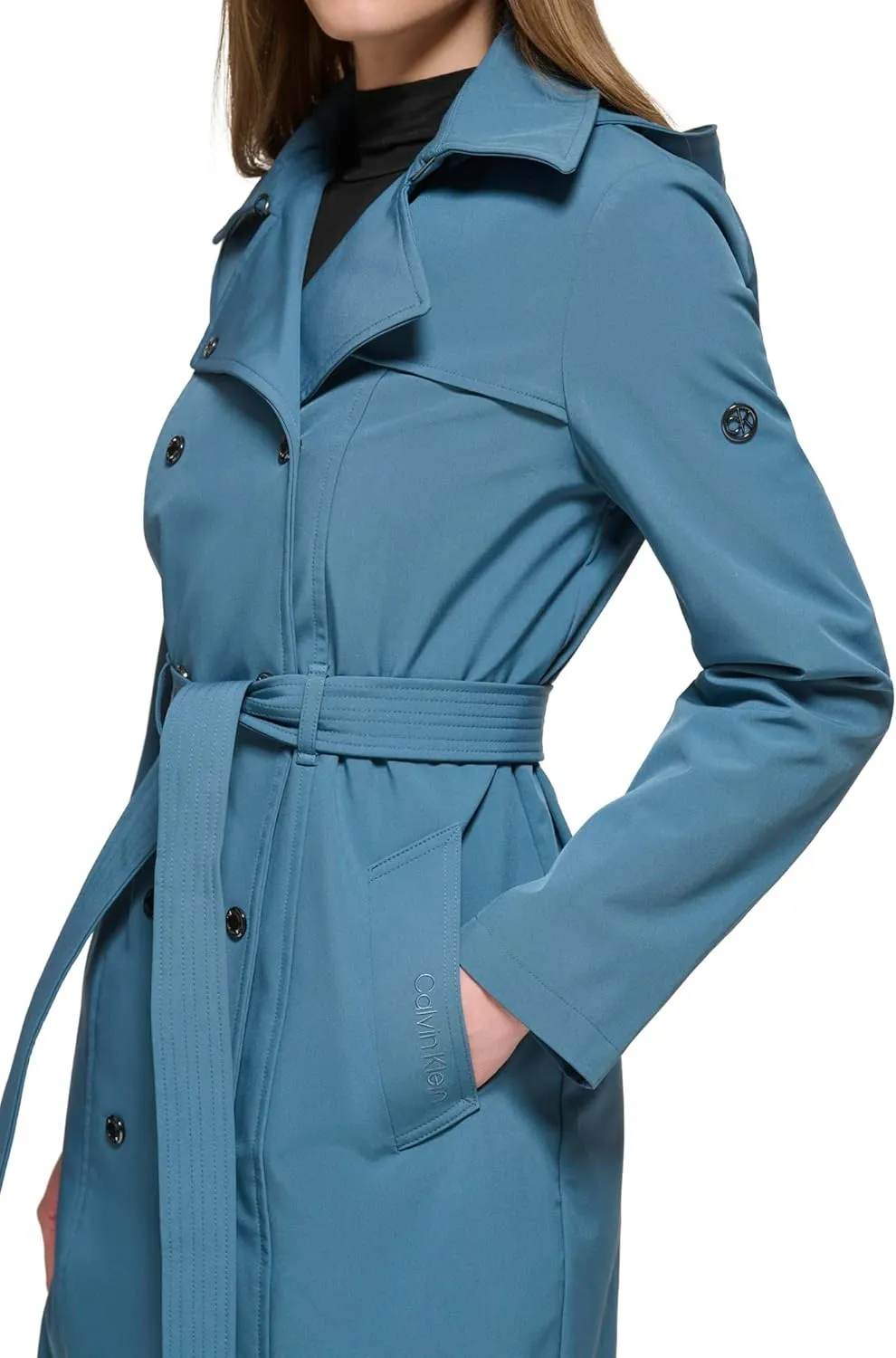Calvin Klein Women's Double Breasted Belted Rain Jacket with Removable Hood