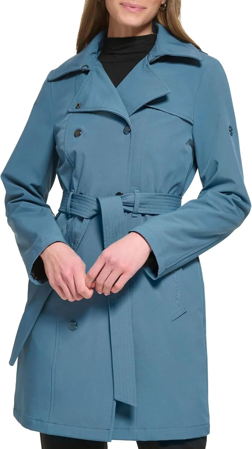Calvin Klein Women's Double Breasted Belted Rain Jacket with Removable Hood