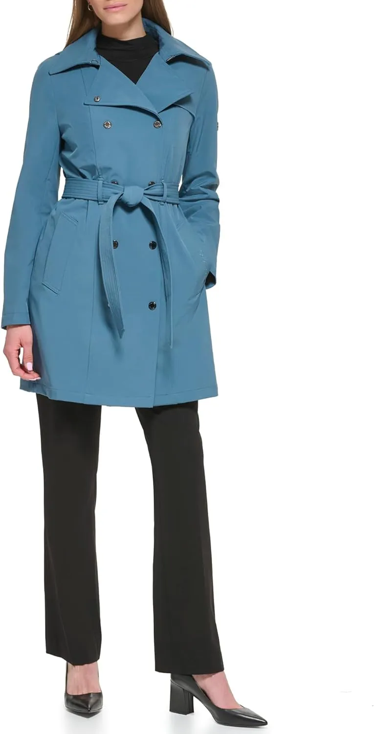 Calvin Klein Women's Double Breasted Belted Rain Jacket with Removable Hood