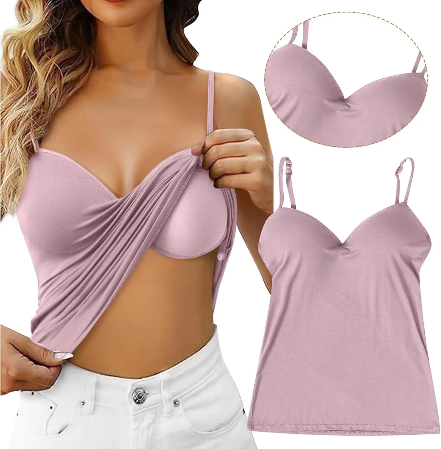 Camisole Tops for Women Built in Bra Summer Beach Vacation Sleeveless Tops Sexy Spaghetti Strap Tank Top Yoga Workout Sports