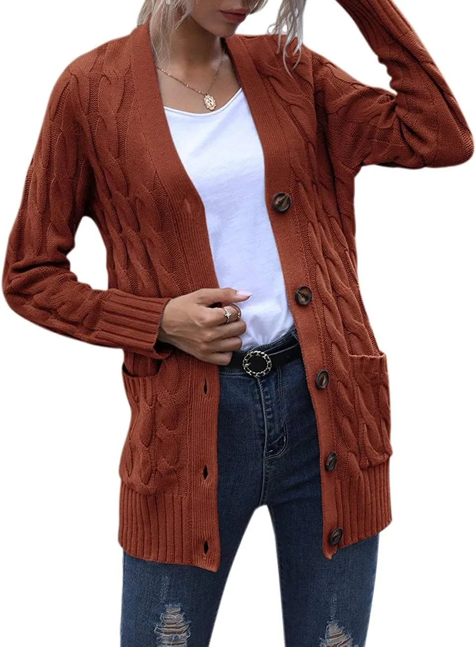 Cardigan Sweaters for Women Long Sleeve Open Front Button Cable Knit Pockets Cardigans