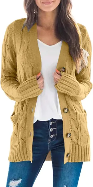 Cardigan Sweaters for Women Long Sleeve Open Front Button Cable Knit Pockets Cardigans