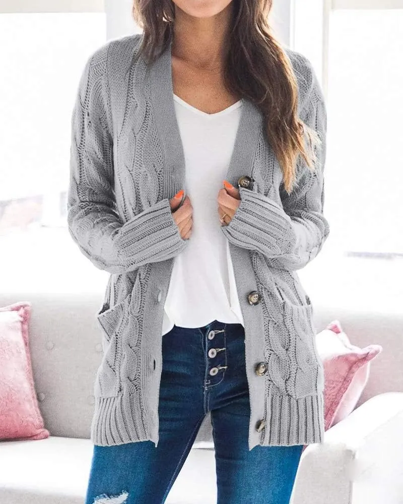 Cardigan Sweaters for Women Long Sleeve Open Front Button Cable Knit Pockets Cardigans