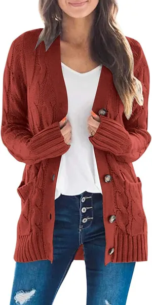 Cardigan Sweaters for Women Long Sleeve Open Front Button Cable Knit Pockets Cardigans