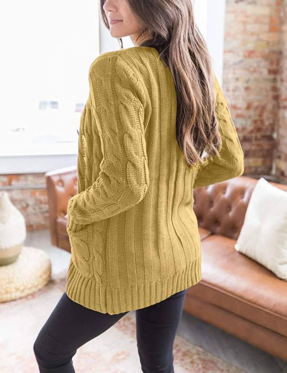 Cardigan Sweaters for Women Long Sleeve Open Front Button Cable Knit Pockets Cardigans