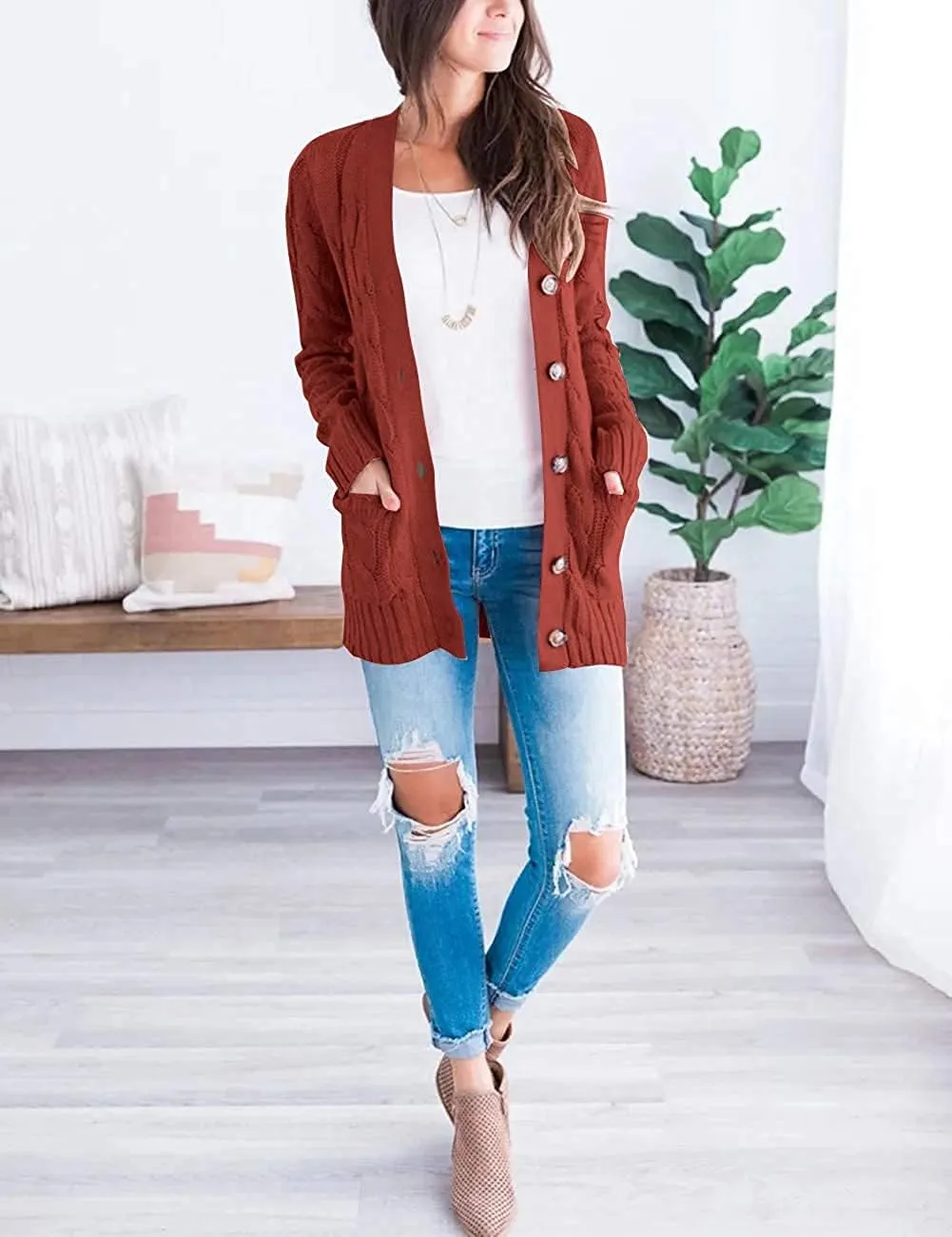 Cardigan Sweaters for Women Long Sleeve Open Front Button Cable Knit Pockets Cardigans