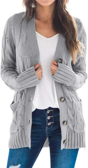 Cardigan Sweaters for Women Long Sleeve Open Front Button Cable Knit Pockets Cardigans