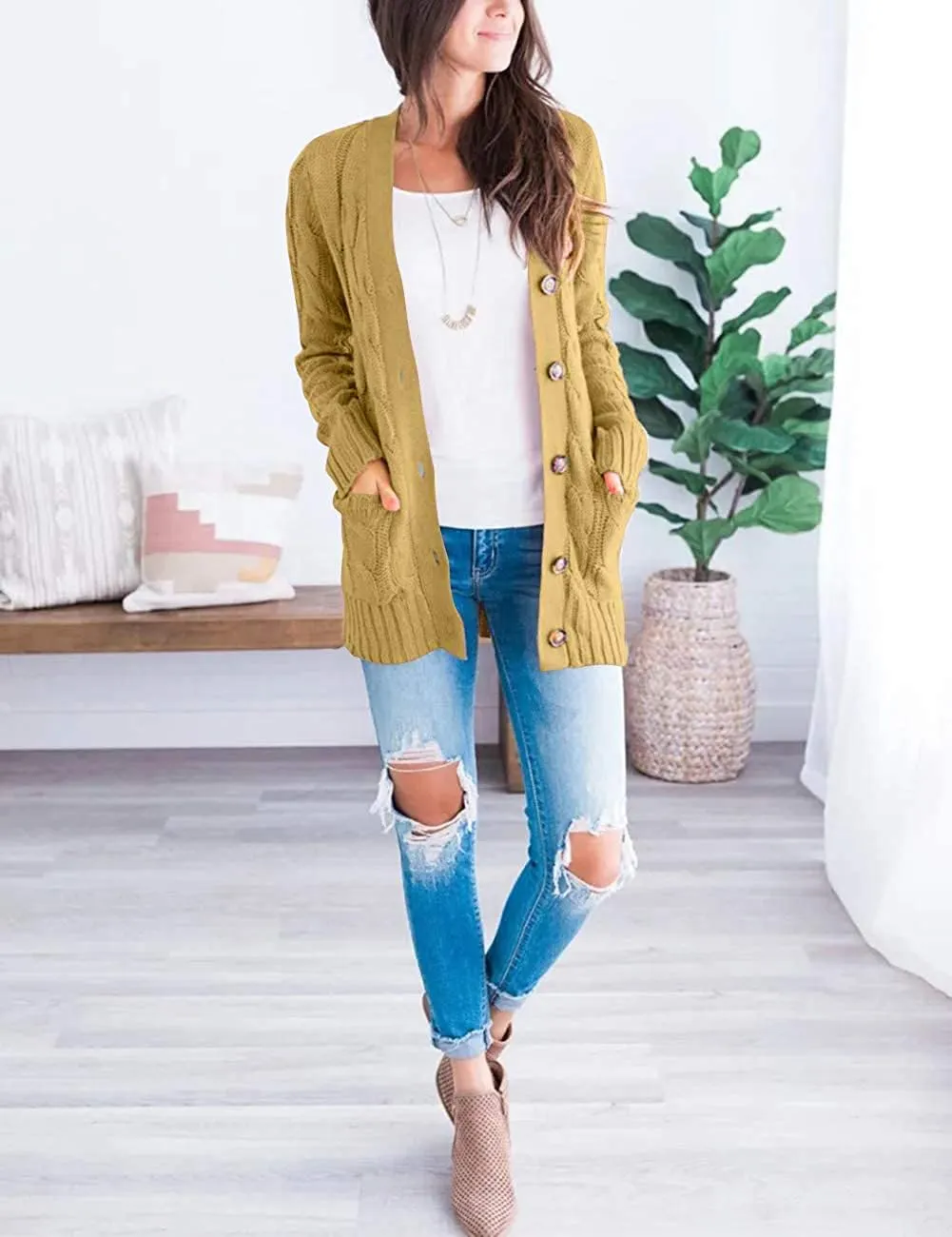 Cardigan Sweaters for Women Long Sleeve Open Front Button Cable Knit Pockets Cardigans