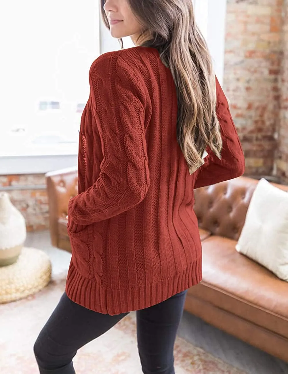 Cardigan Sweaters for Women Long Sleeve Open Front Button Cable Knit Pockets Cardigans