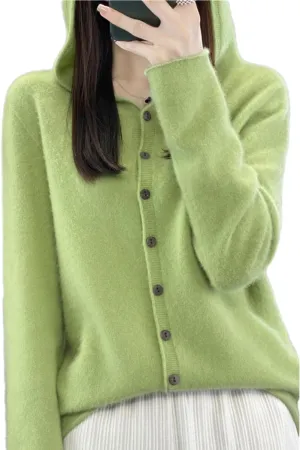 Cashmere Sweaters for Women Button Down V Neck Hooded Cardigan Casual Loose Long Sleeve Soft Knit Pullover Tops