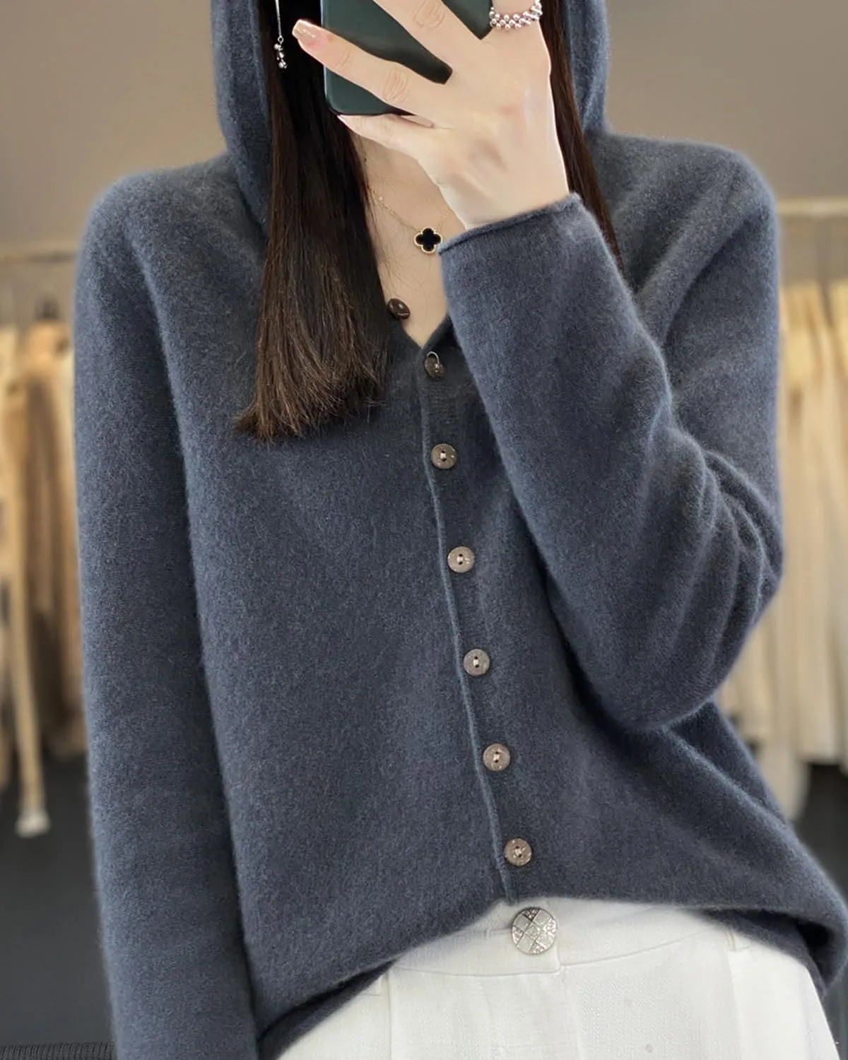 Cashmere Sweaters for Women Button Down V Neck Hooded Cardigan Casual Loose Long Sleeve Soft Knit Pullover Tops