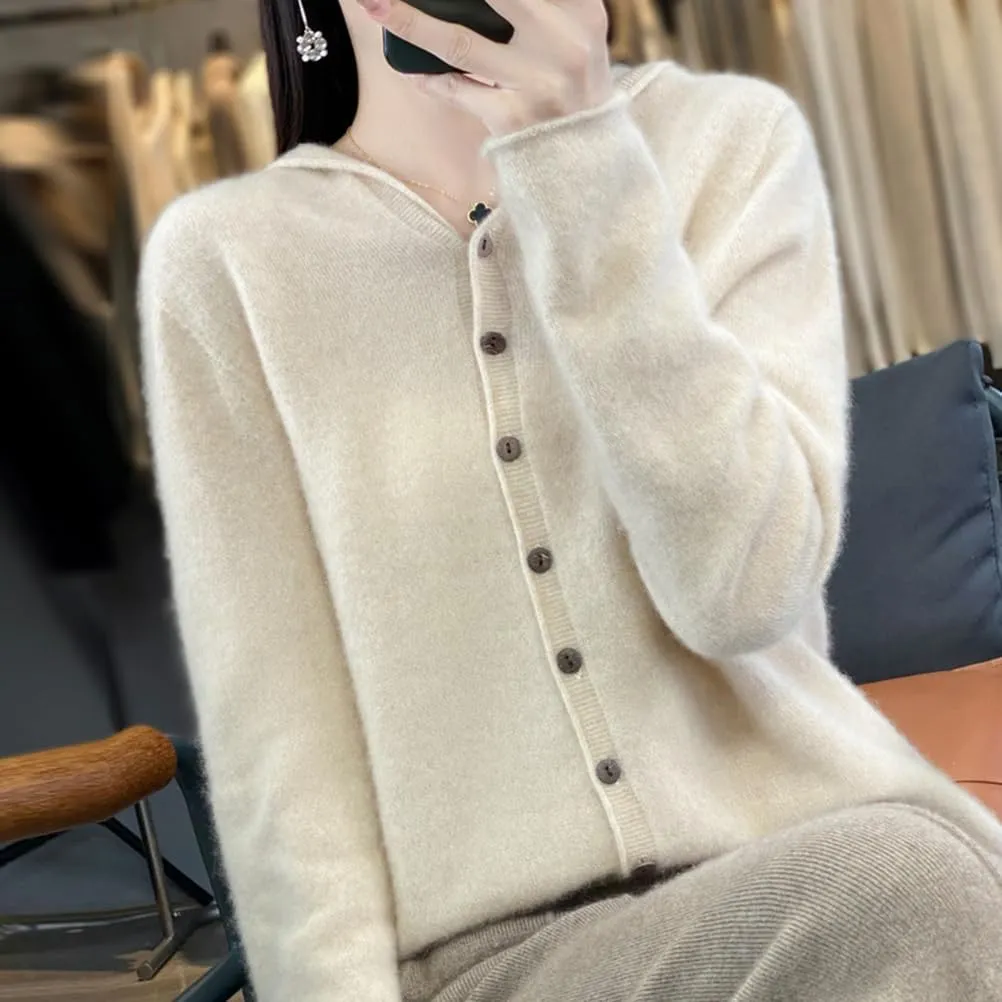 Cashmere Sweaters for Women Button Down V Neck Hooded Cardigan Casual Loose Long Sleeve Soft Knit Pullover Tops