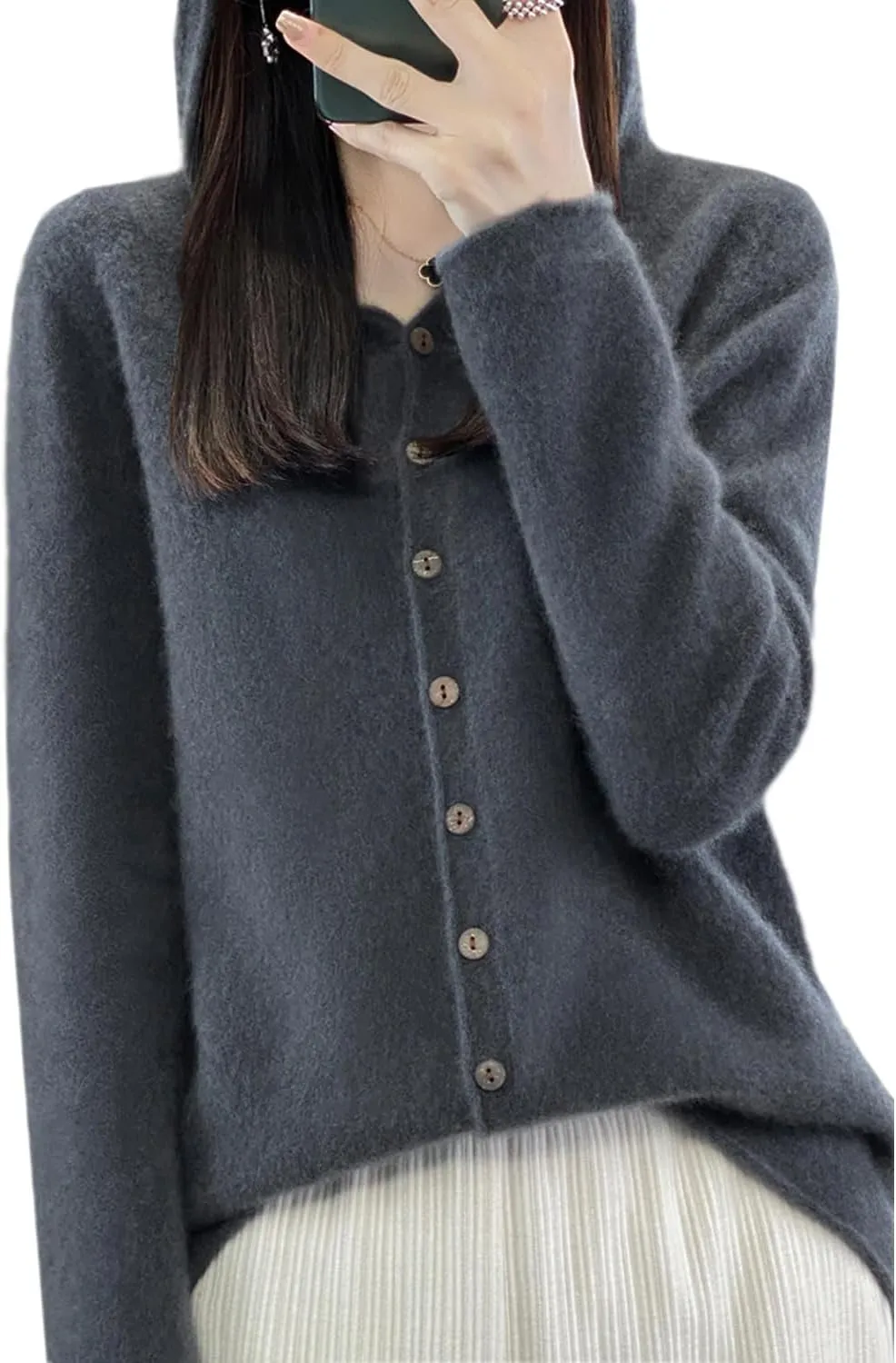 Cashmere Sweaters for Women Button Down V Neck Hooded Cardigan Casual Loose Long Sleeve Soft Knit Pullover Tops