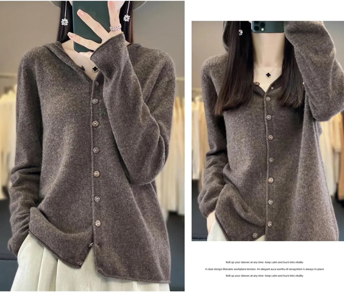 Cashmere Sweaters for Women Button Down V Neck Hooded Cardigan Casual Loose Long Sleeve Soft Knit Pullover Tops