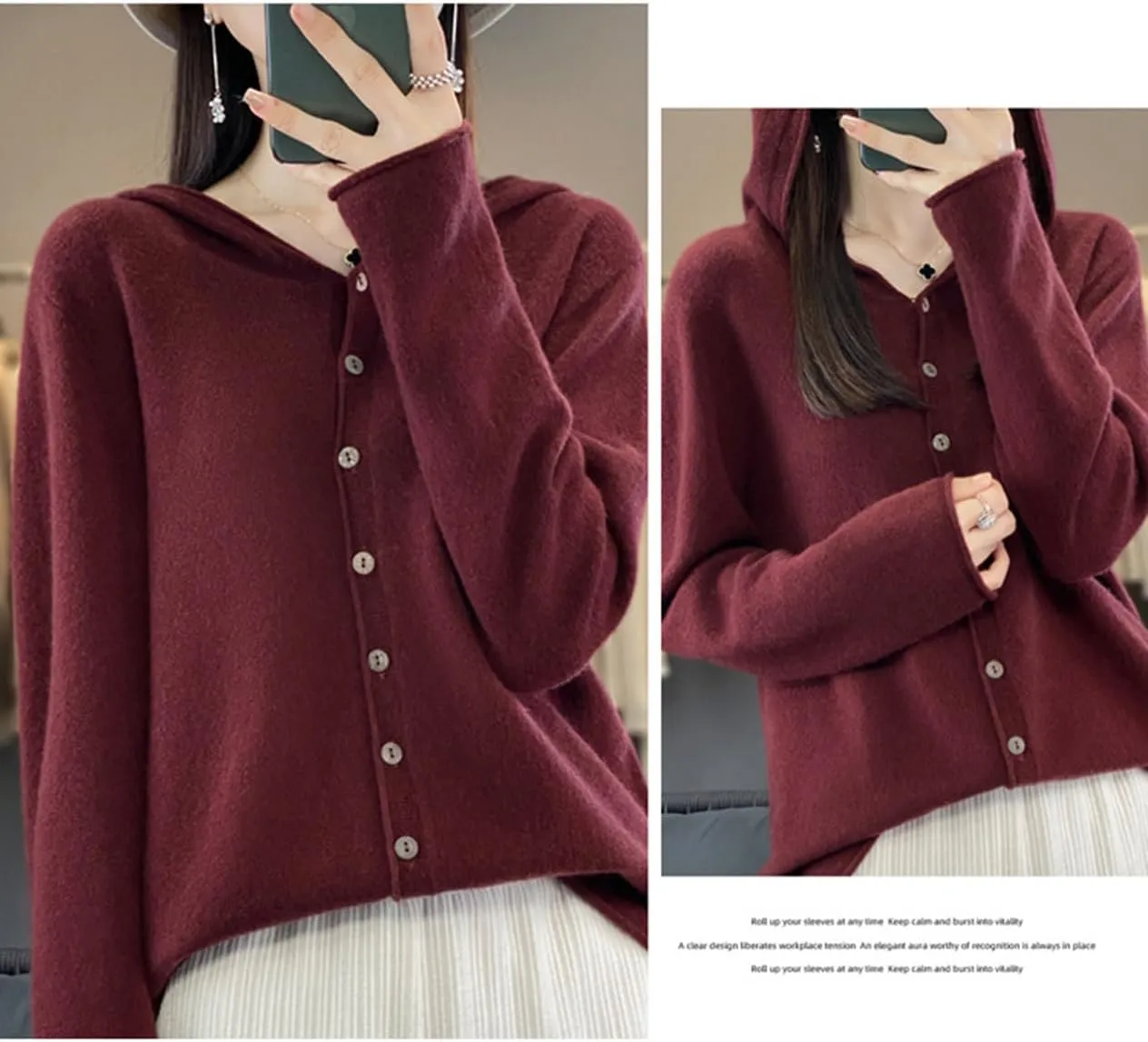 Cashmere Sweaters for Women Button Down V Neck Hooded Cardigan Casual Loose Long Sleeve Soft Knit Pullover Tops