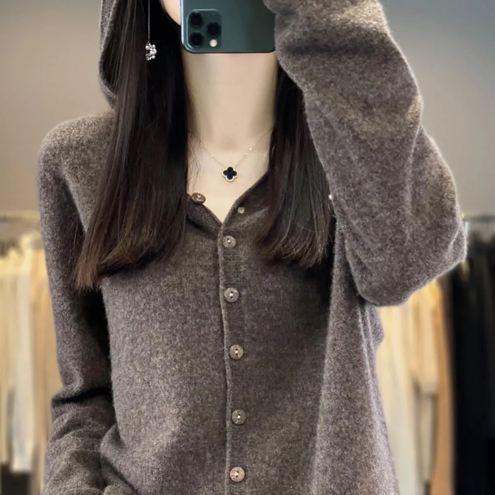 Cashmere Sweaters for Women Button Down V Neck Hooded Cardigan Casual Loose Long Sleeve Soft Knit Pullover Tops