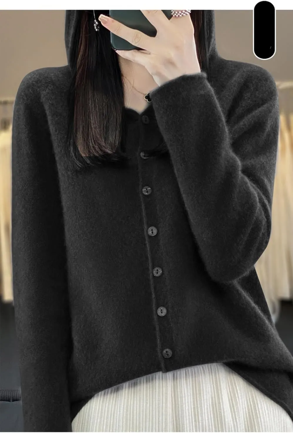 Cashmere Sweaters for Women Button Down V Neck Hooded Cardigan Casual Loose Long Sleeve Soft Knit Pullover Tops