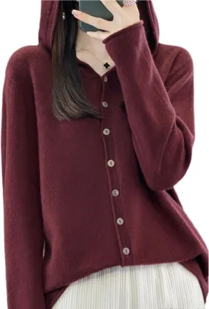 Cashmere Sweaters for Women Button Down V Neck Hooded Cardigan Casual Loose Long Sleeve Soft Knit Pullover Tops