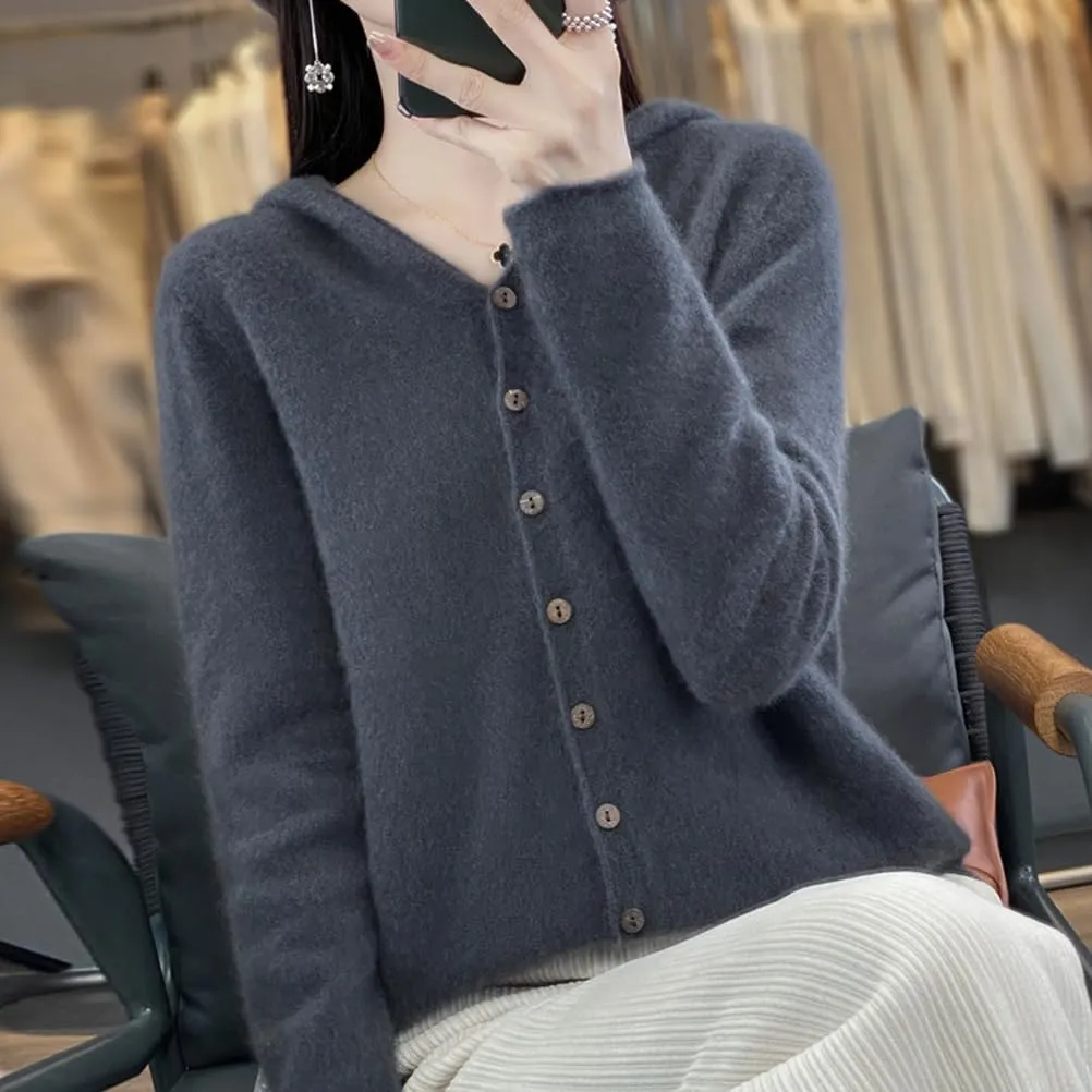 Cashmere Sweaters for Women Button Down V Neck Hooded Cardigan Casual Loose Long Sleeve Soft Knit Pullover Tops