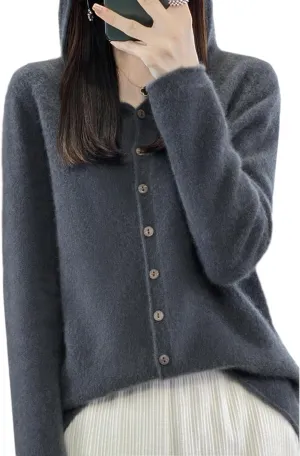 Cashmere Sweaters for Women Button Down V Neck Hooded Cardigan Casual Loose Long Sleeve Soft Knit Pullover Tops