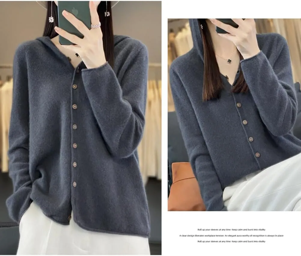 Cashmere Sweaters for Women Button Down V Neck Hooded Cardigan Casual Loose Long Sleeve Soft Knit Pullover Tops
