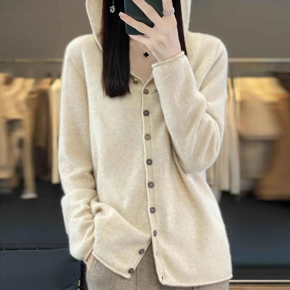 Cashmere Sweaters for Women Button Down V Neck Hooded Cardigan Casual Loose Long Sleeve Soft Knit Pullover Tops