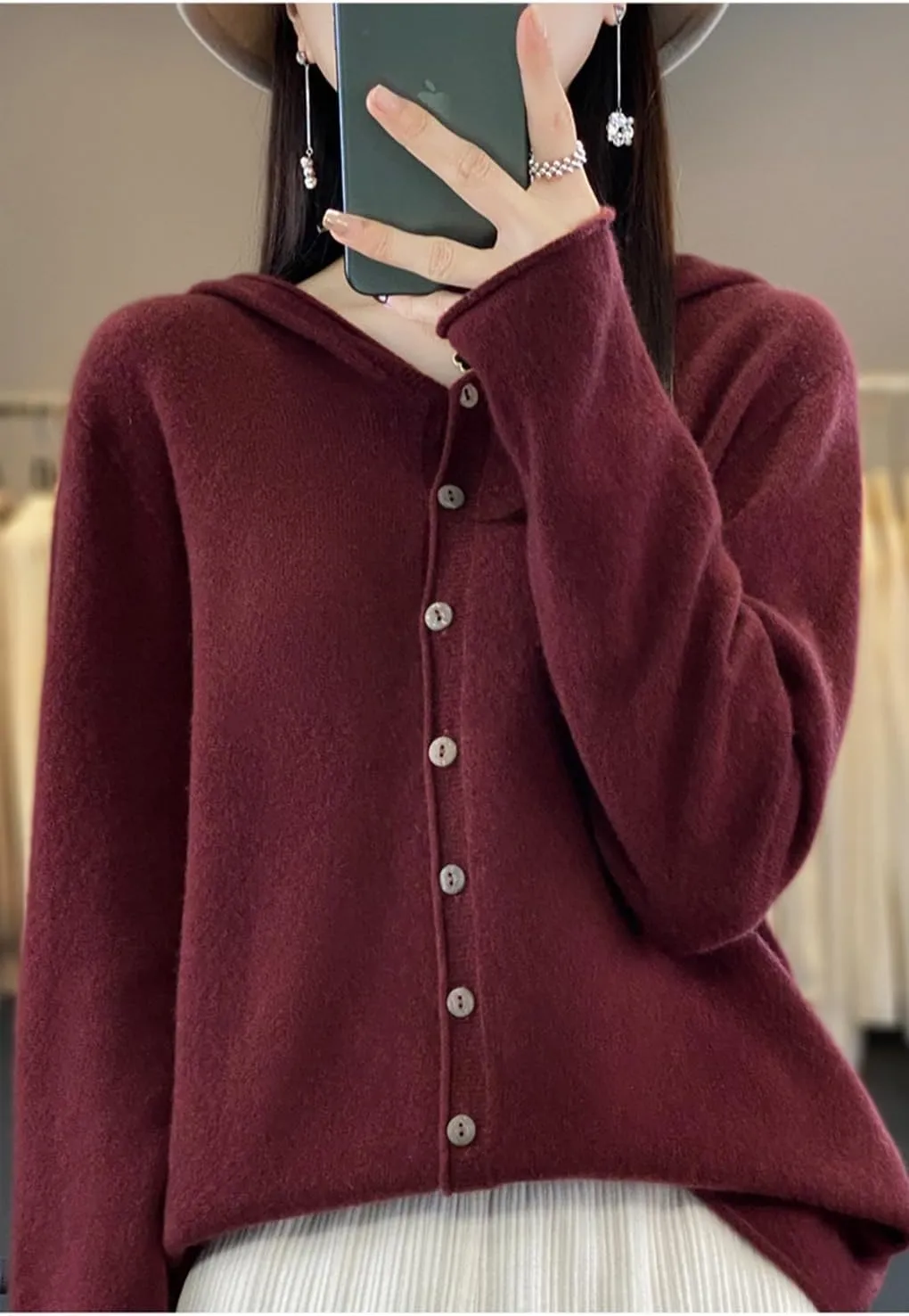 Cashmere Sweaters for Women Button Down V Neck Hooded Cardigan Casual Loose Long Sleeve Soft Knit Pullover Tops