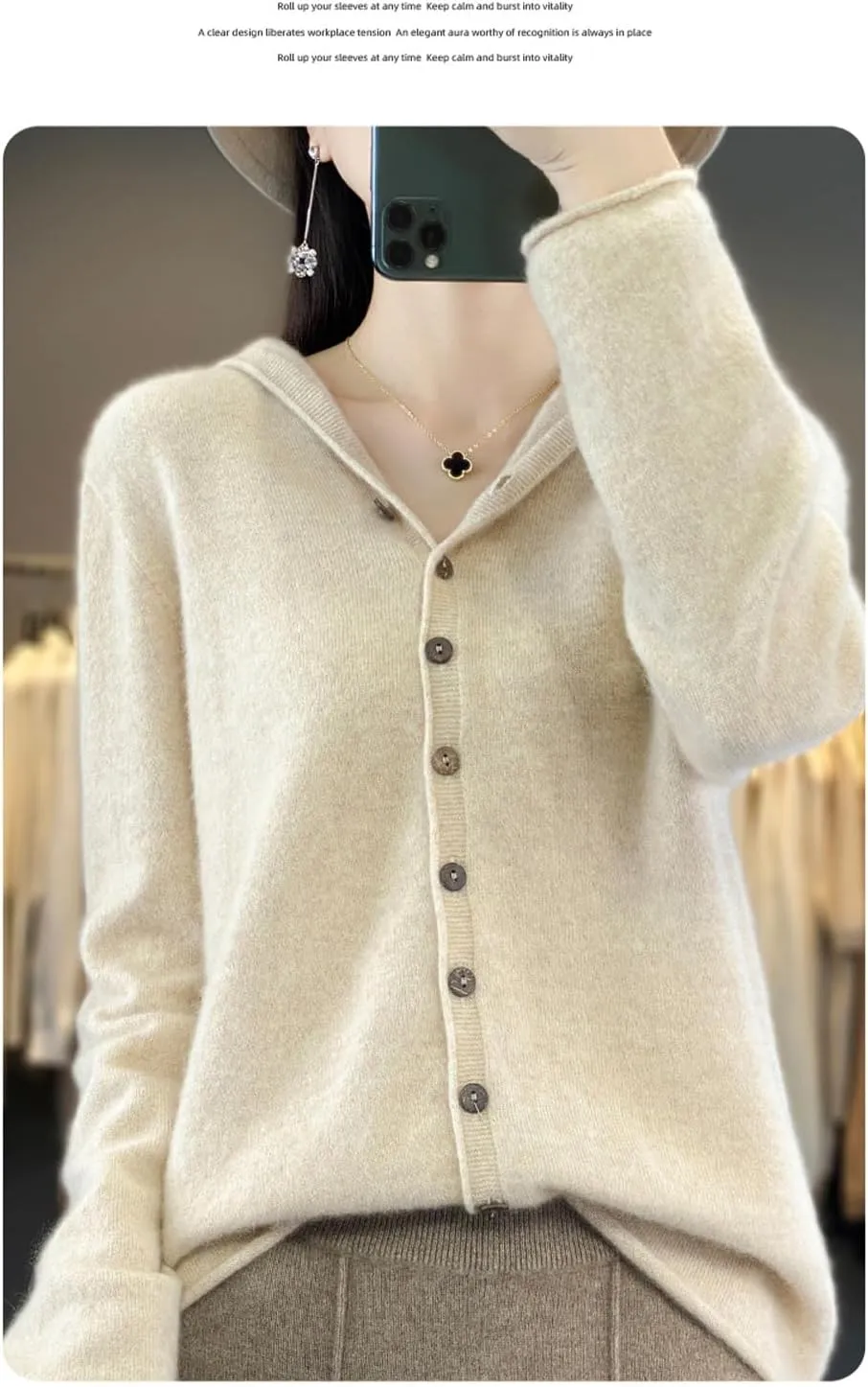 Cashmere Sweaters for Women Button Down V Neck Hooded Cardigan Casual Loose Long Sleeve Soft Knit Pullover Tops