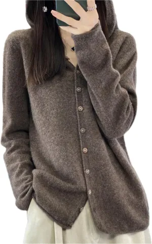 Cashmere Sweaters for Women Button Down V Neck Hooded Cardigan Casual Loose Long Sleeve Soft Knit Pullover Tops