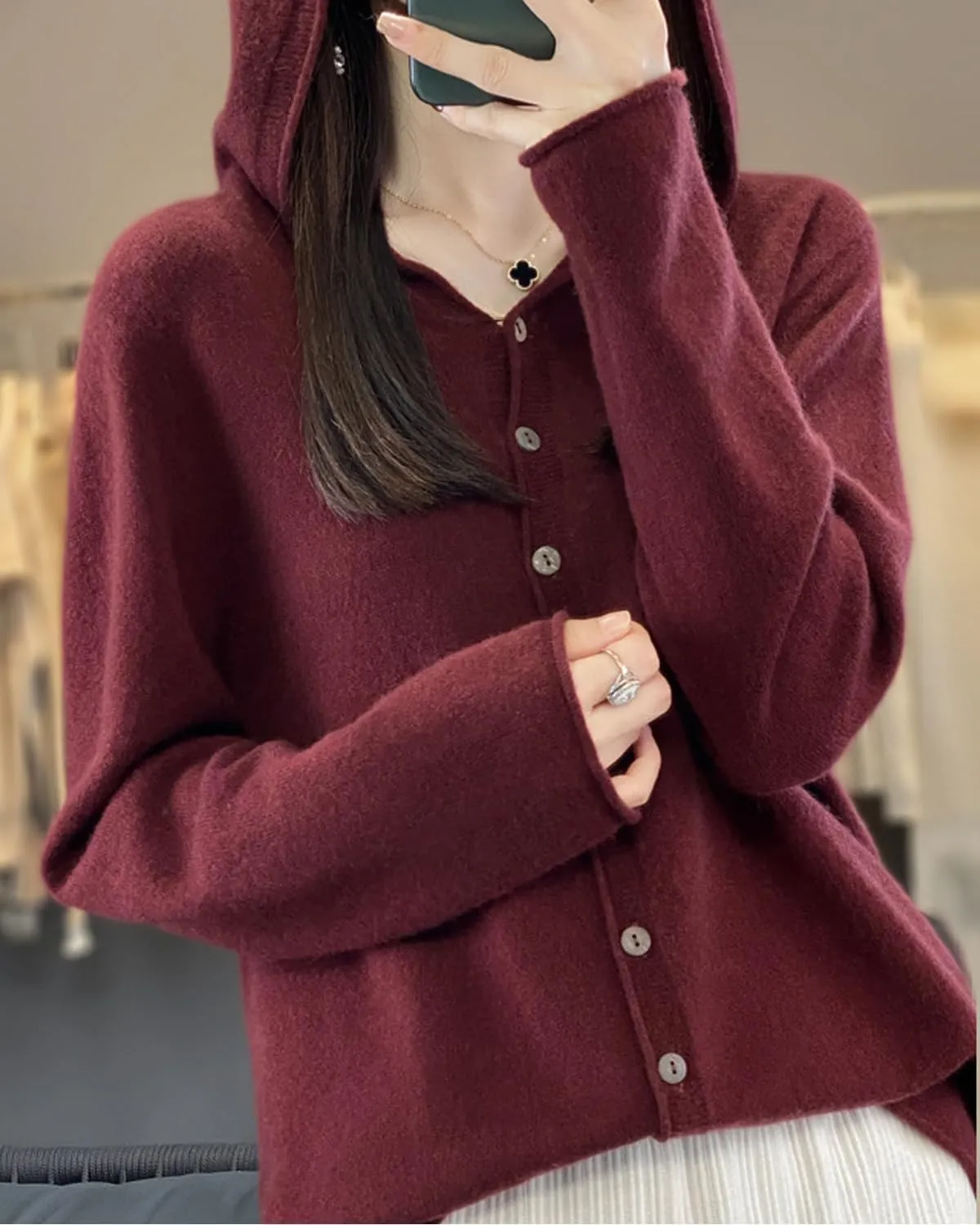 Cashmere Sweaters for Women Button Down V Neck Hooded Cardigan Casual Loose Long Sleeve Soft Knit Pullover Tops