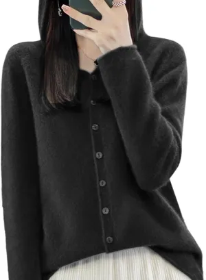 Cashmere Sweaters for Women Button Down V Neck Hooded Cardigan Casual Loose Long Sleeve Soft Knit Pullover Tops