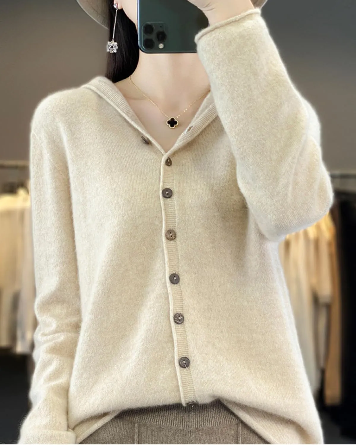 Cashmere Sweaters for Women Button Down V Neck Hooded Cardigan Casual Loose Long Sleeve Soft Knit Pullover Tops