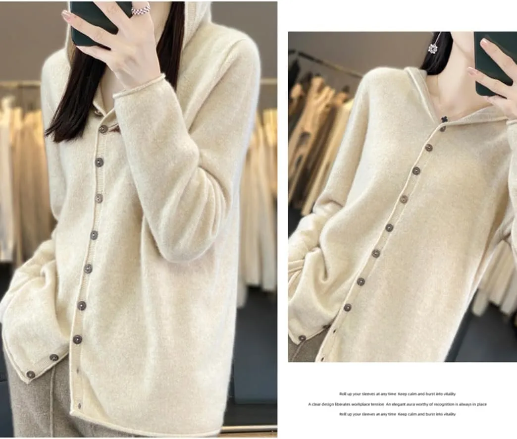 Cashmere Sweaters for Women Button Down V Neck Hooded Cardigan Casual Loose Long Sleeve Soft Knit Pullover Tops