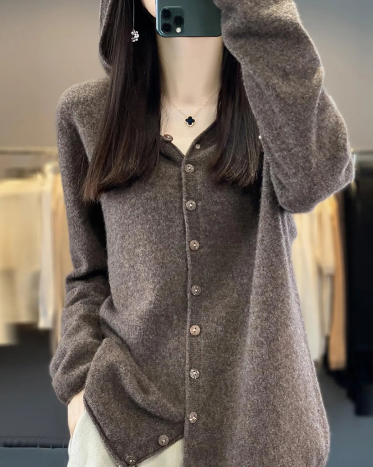 Cashmere Sweaters for Women Button Down V Neck Hooded Cardigan Casual Loose Long Sleeve Soft Knit Pullover Tops