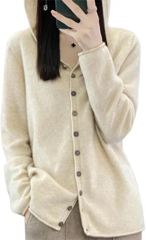 Cashmere Sweaters for Women Button Down V Neck Hooded Cardigan Casual Loose Long Sleeve Soft Knit Pullover Tops