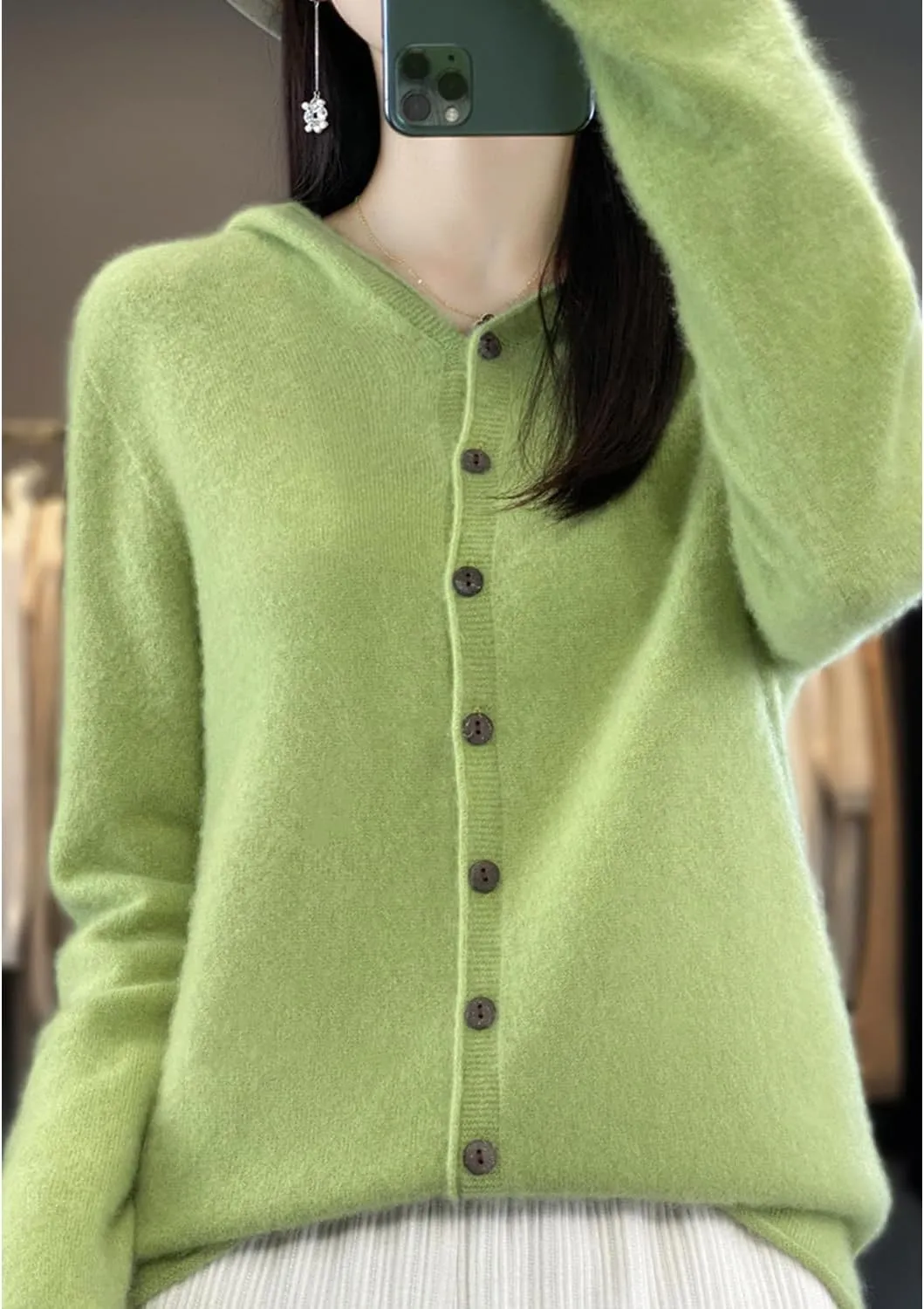 Cashmere Sweaters for Women Button Down V Neck Hooded Cardigan Casual Loose Long Sleeve Soft Knit Pullover Tops