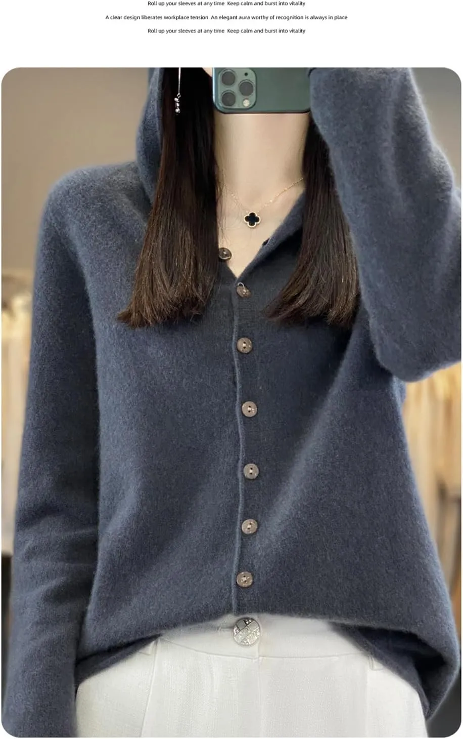 Cashmere Sweaters for Women Button Down V Neck Hooded Cardigan Casual Loose Long Sleeve Soft Knit Pullover Tops